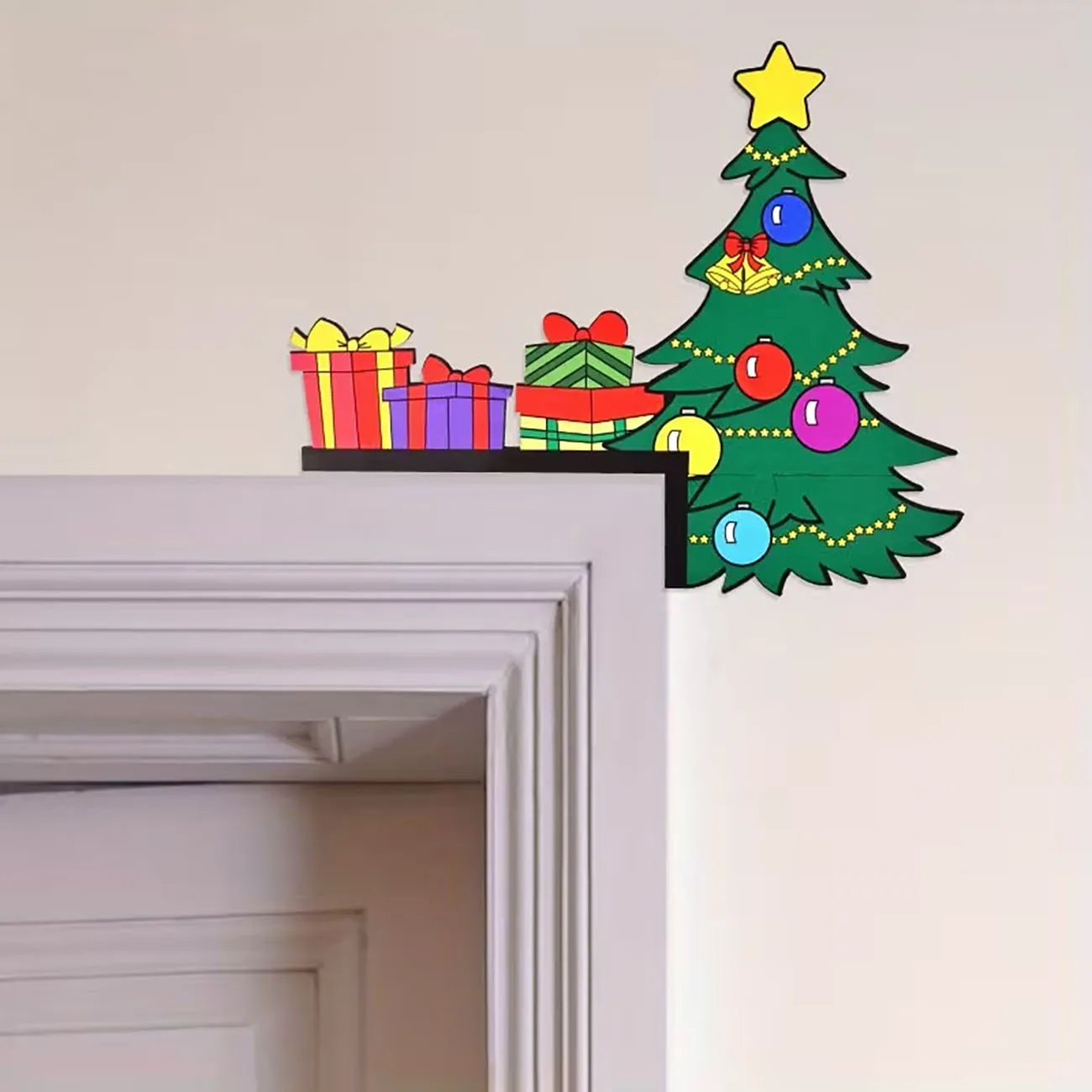 2Pcs Christmas Tree Gift Box Wooden Door Corner Decor 2D Flat Ornament For Xmas Home Door Frame Decoration