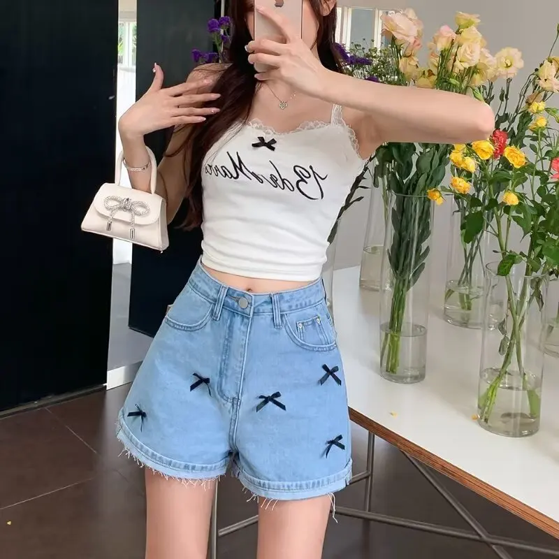 Summer new style bow curled high-waisted straight loose and versatile slimming A-line denim shorts women's design niche