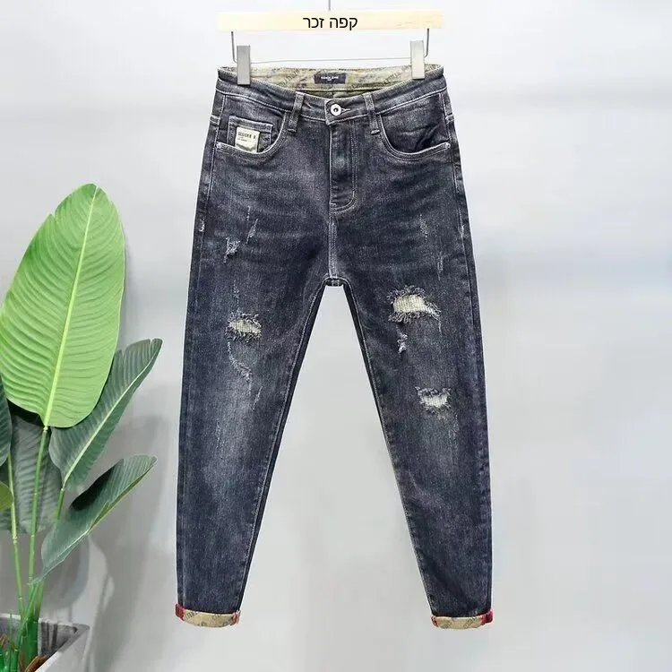 

Spring New Style Slim Straight Fashionable Men's Retro Classic Blue Jeans American Style Control mid Waist Polyester Cotton B...