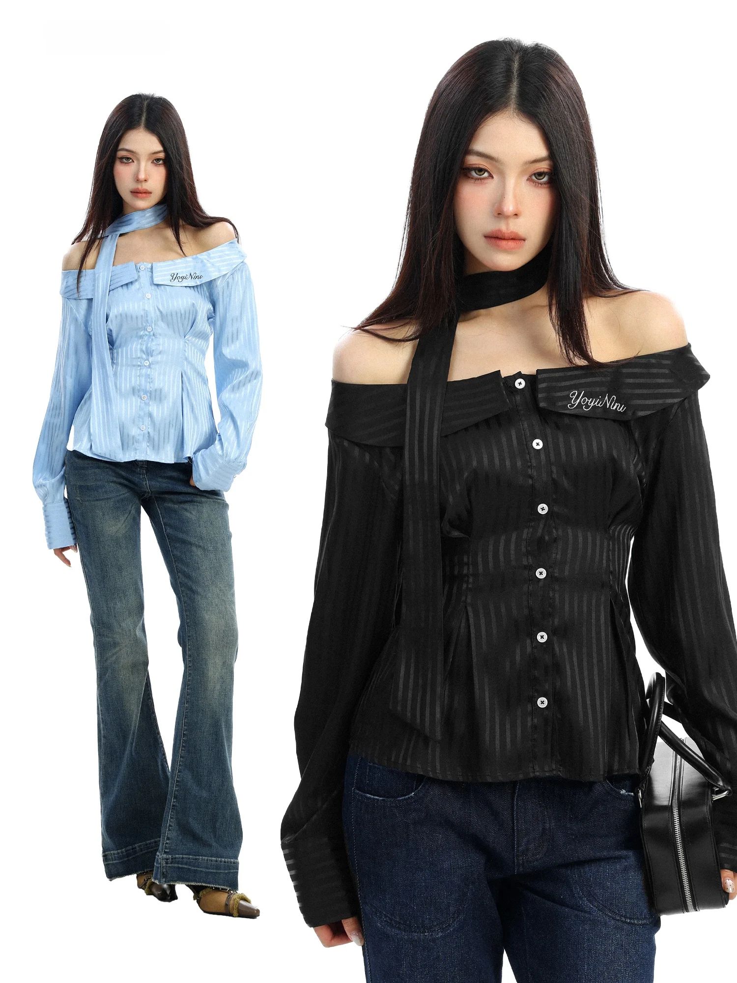 

Korean Style Long Sleeve Stripe One Shoulder Shirt Women Spring Slimming Waist Showy Shoulder Top Fashionable Casual Shirt