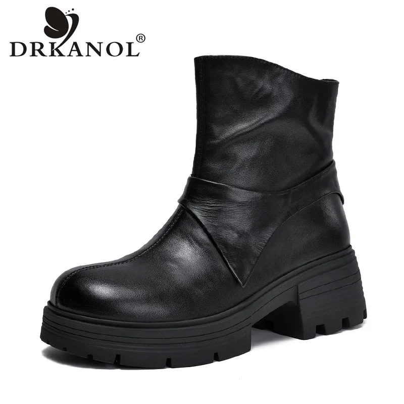 DRKANOL Women Thick High Heel Ankle Boots Autumn Winter Warm Chunky Platform Round Toe Zipper Height Increasing Short Boots Lady