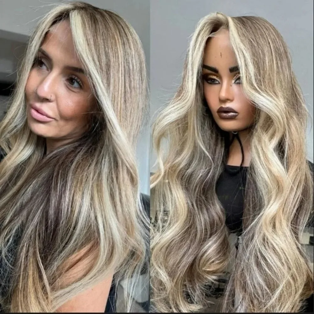 Highlight Ash Platinum Blonde Lace Front Wig Long Wavy Ombre Brown Blonde 13x4 Synthetic HD Lace Front Wigs for Women 24 Inches