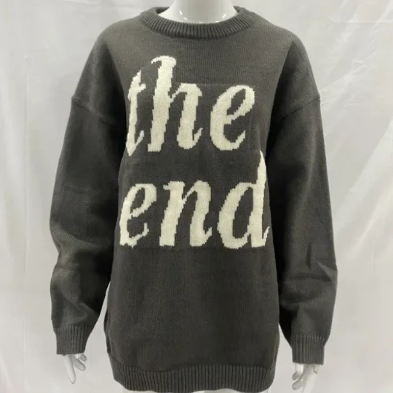 

Зимний уличный модный свободный повседневный топ, корейский жаккардовый пуловер с круглым вырезом и надписью, вязаный свитер, мужская и женская одежда