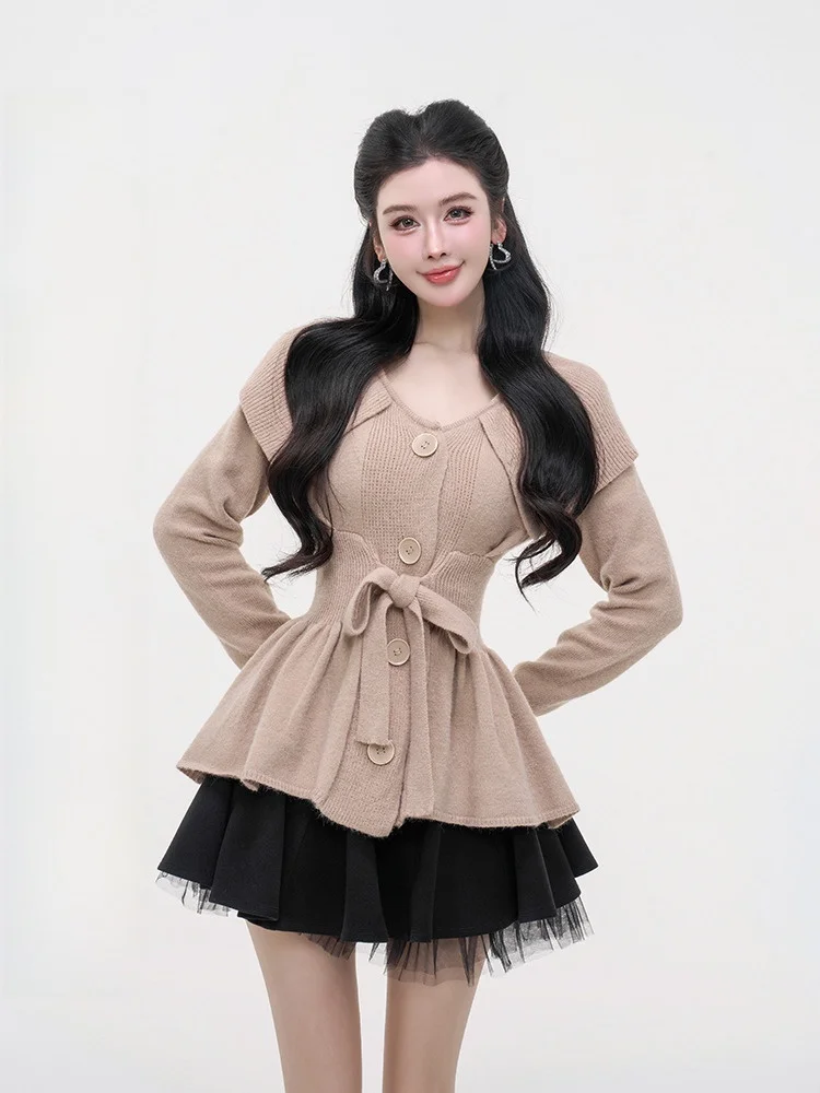 

Soft Caramel Orange Sweater Dr Women's Slimming Blouse Sle Autumn New ort Skirt Long Sve Regular Length A-Line Dr