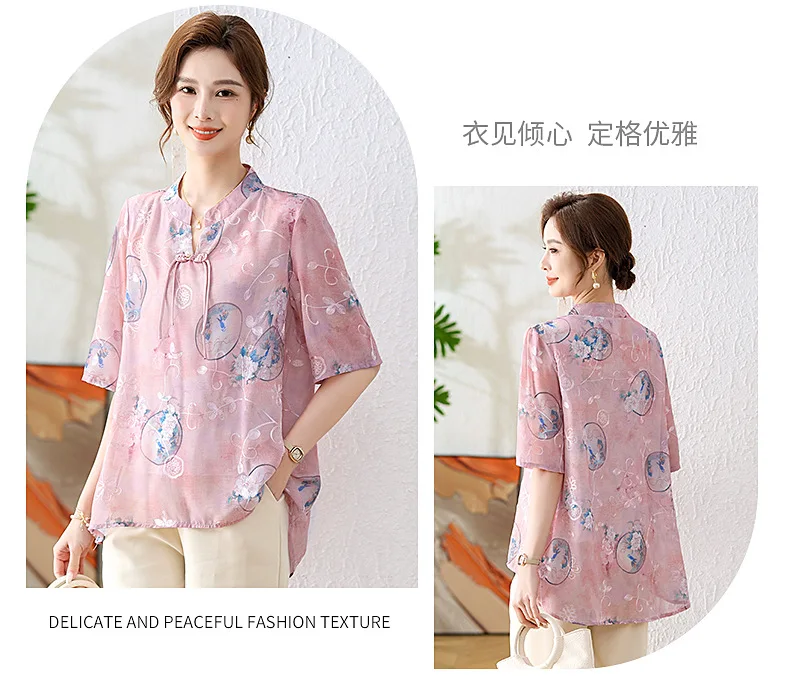 printed Chiffon short sleeved top with Chinese retro style women's summer 2024 new summer shirt for women's mothers top