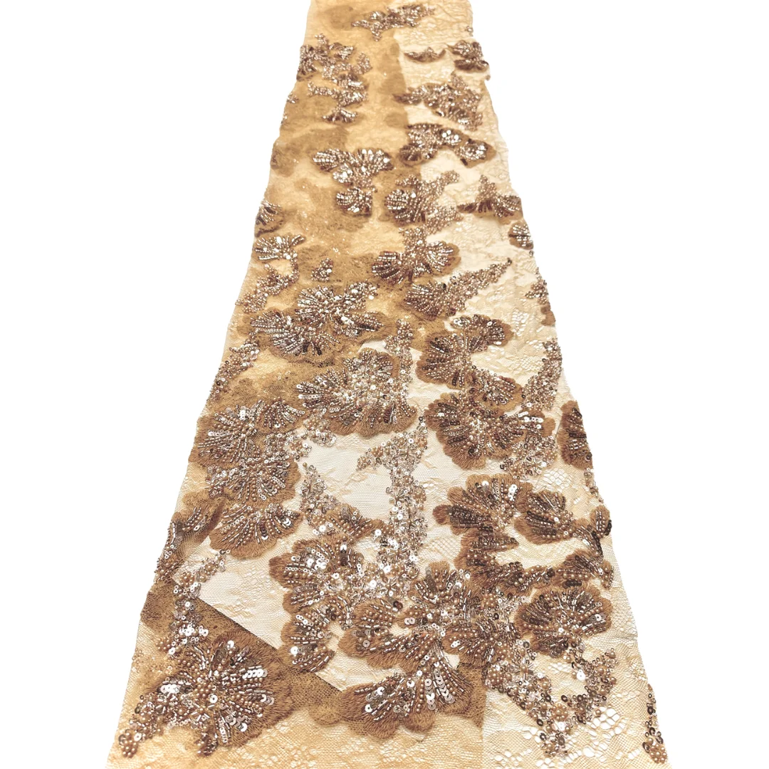 Gold Popular Floral Design African Handmade Beaded Net Lace Sequins French Fabric Mesh Lace For Evening Party Dress Sewing