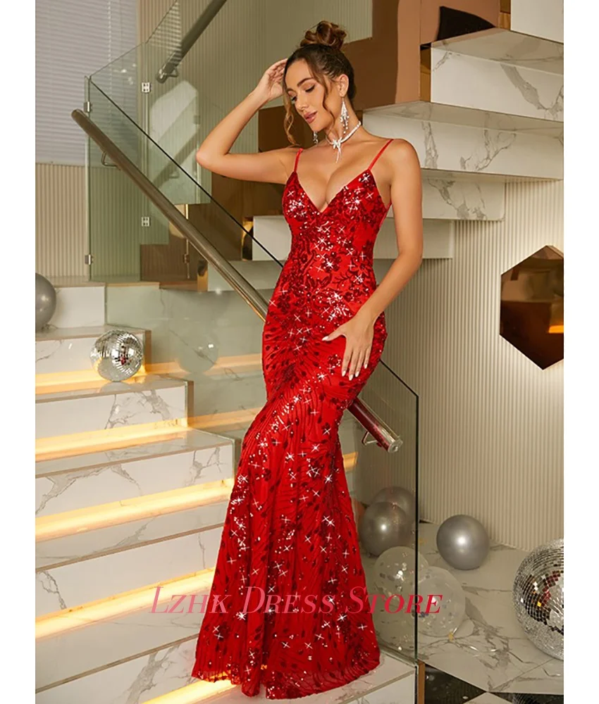 Vestido de noche de cristal con lentejuelas y tirantes finos de sirena de Organza con temperamento personalizado, vestidos de fiesta sexys sin mangas con forma de corazón