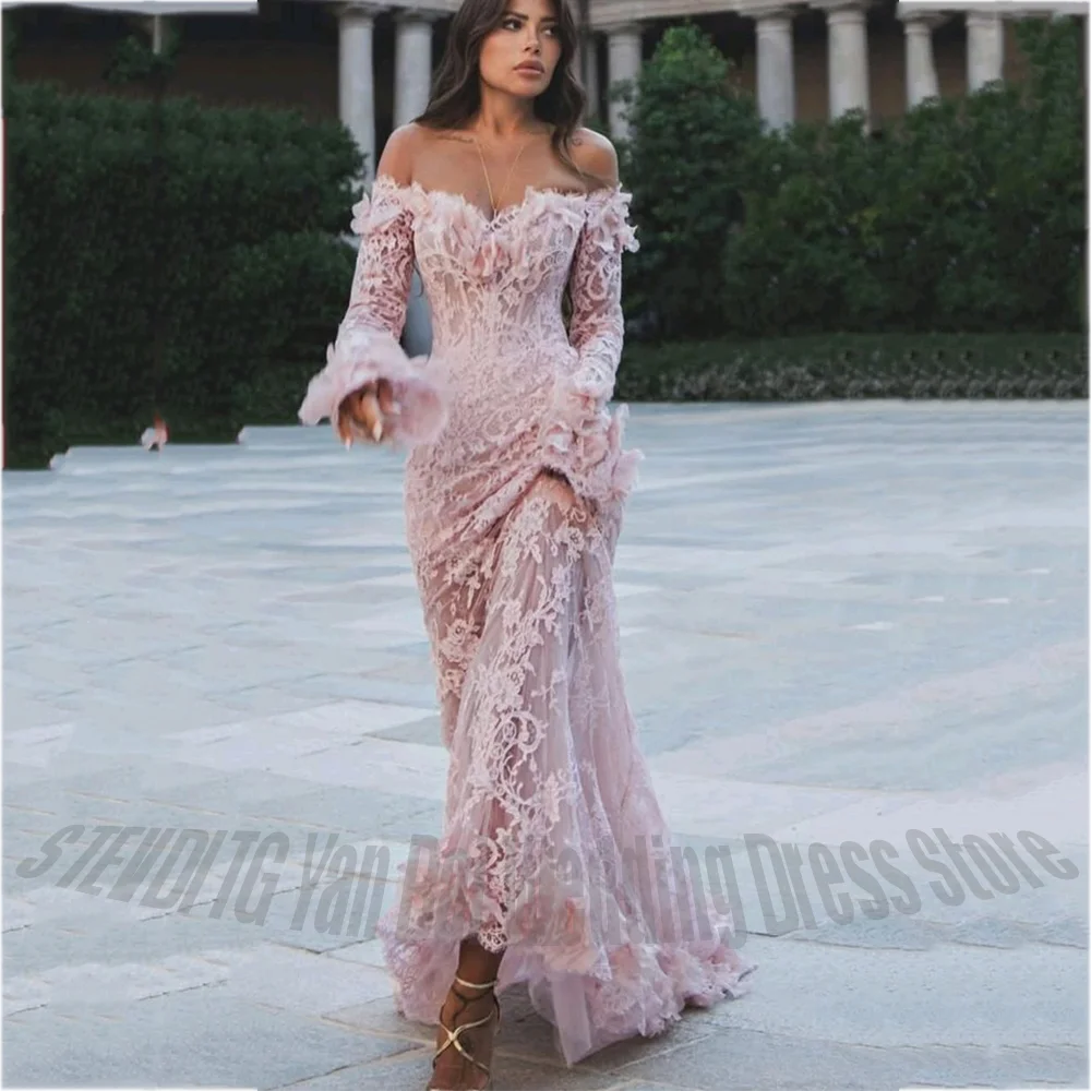Vestido de fiesta de manga larga rosa de encaje de lujo para mujer, fiesta de banquete, sirena, largo hasta el suelo, elegante vestido de noche Formal personalizado