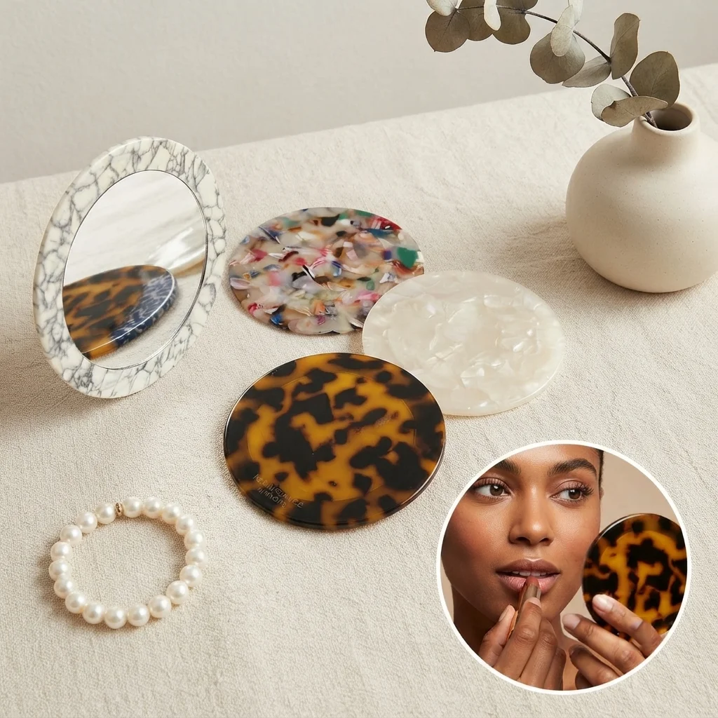 Simple Acetate Small Round Mirror Small Zebra Pattern Makeup Mirror Portable Mini Round Makeup Mirror Travel Accessories