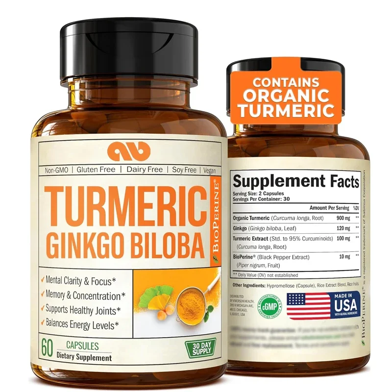 

Organic Turmeric Curcumin Supplement with Ginkgo Biloba Leaf And Piperin Black Pepper 60 Capsules per Bottle for Natural Health