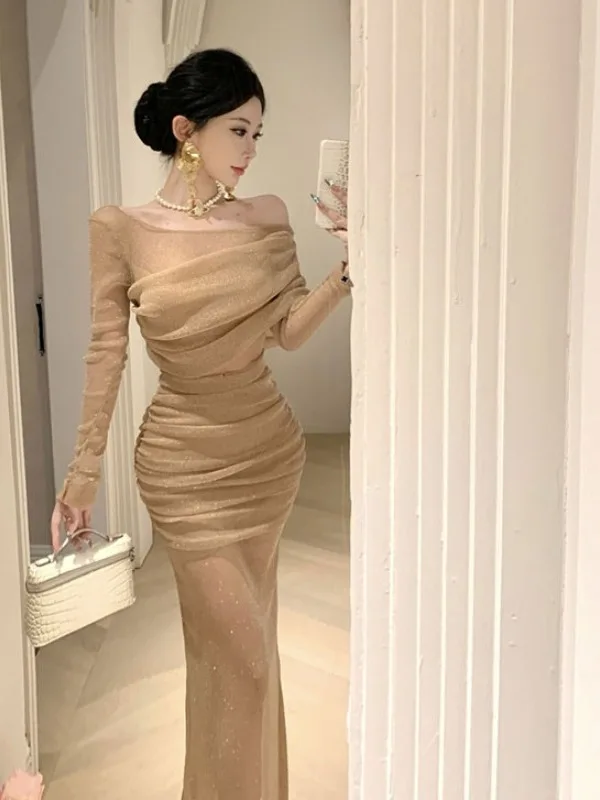 

Sexy Pure Desire Net Dr oulder Bared Bodycon Long Skirt Faionable Tight Fit Women's Dr Cotton Fabric mid Stretch