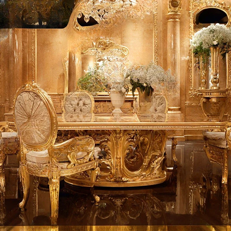 French luxury palace villa dining table, European solid wood round dining, large unit gold foil patterned rectangular