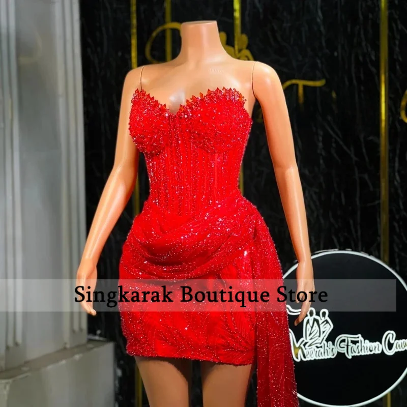 레드 스팽글 스파게티 스트랩 하트 넥 프롬 드레스 미니 드레스 드레이프 디테일 맞춤형 포멀 이브닝 드레스