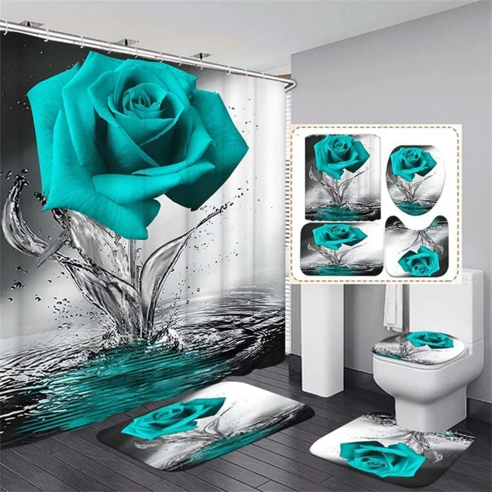 Bathroom Four-piece Set Bathroom Absorbent Mat Digital Printed Waterproof Shower Curtain Non-slip Mat Set