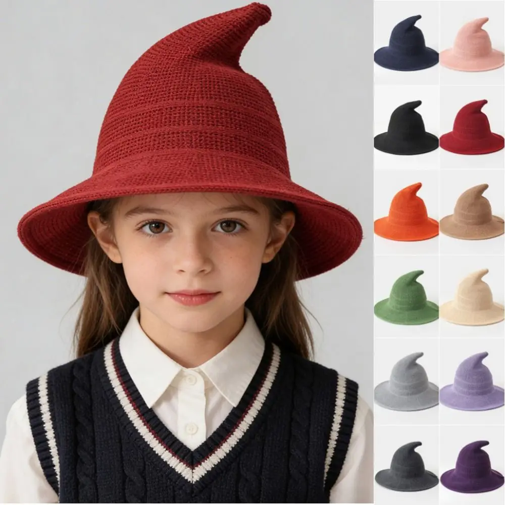 Soft Children's Witch Hat Breathable Solid Color Knitted Wizard Cap Yarn Cotton Foldable Wide Brim Spire Children