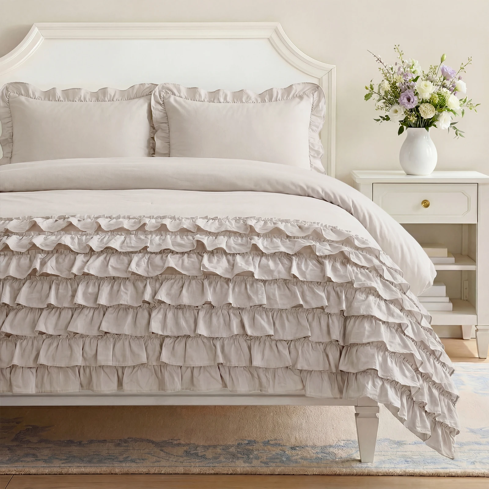 100% Cotton Duvet Cover Set King Ruffle Bedding Set Pleated Ruffled Design Romantic French Country Decor Farmhouse Duvet Cover with Zipper Closure