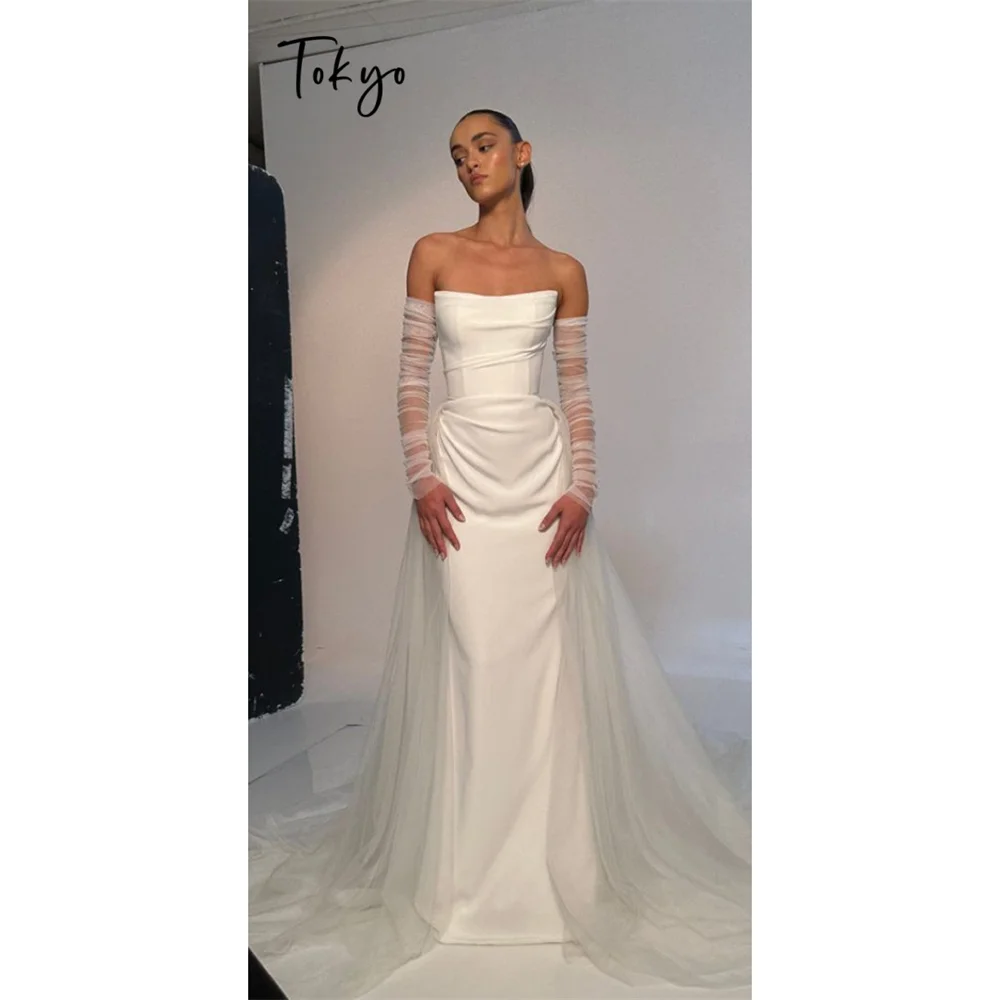 Tokyo Customized White Off the Shoulder Mermaid Wedding Dress Strapless Pleat Sleeve Wedding Party Zip-Up Court Train Prom Dress