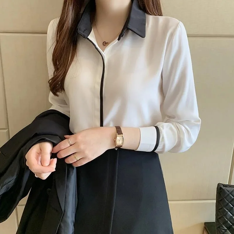 Women Spring Summer Style OL Blouses Shirts Lady Office Work Wear Long Sleeve Turn-down Collar Patchwork Blouses Tops