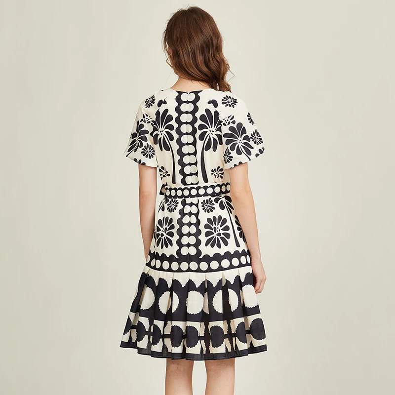 Robe de Bureau à Manches Courtes et Col Rond pour Femme, Imprimé Floral, Mode Vintage, Noir et Blanc, Style Boho Décontracté, Nouvelle Collection Été 2024