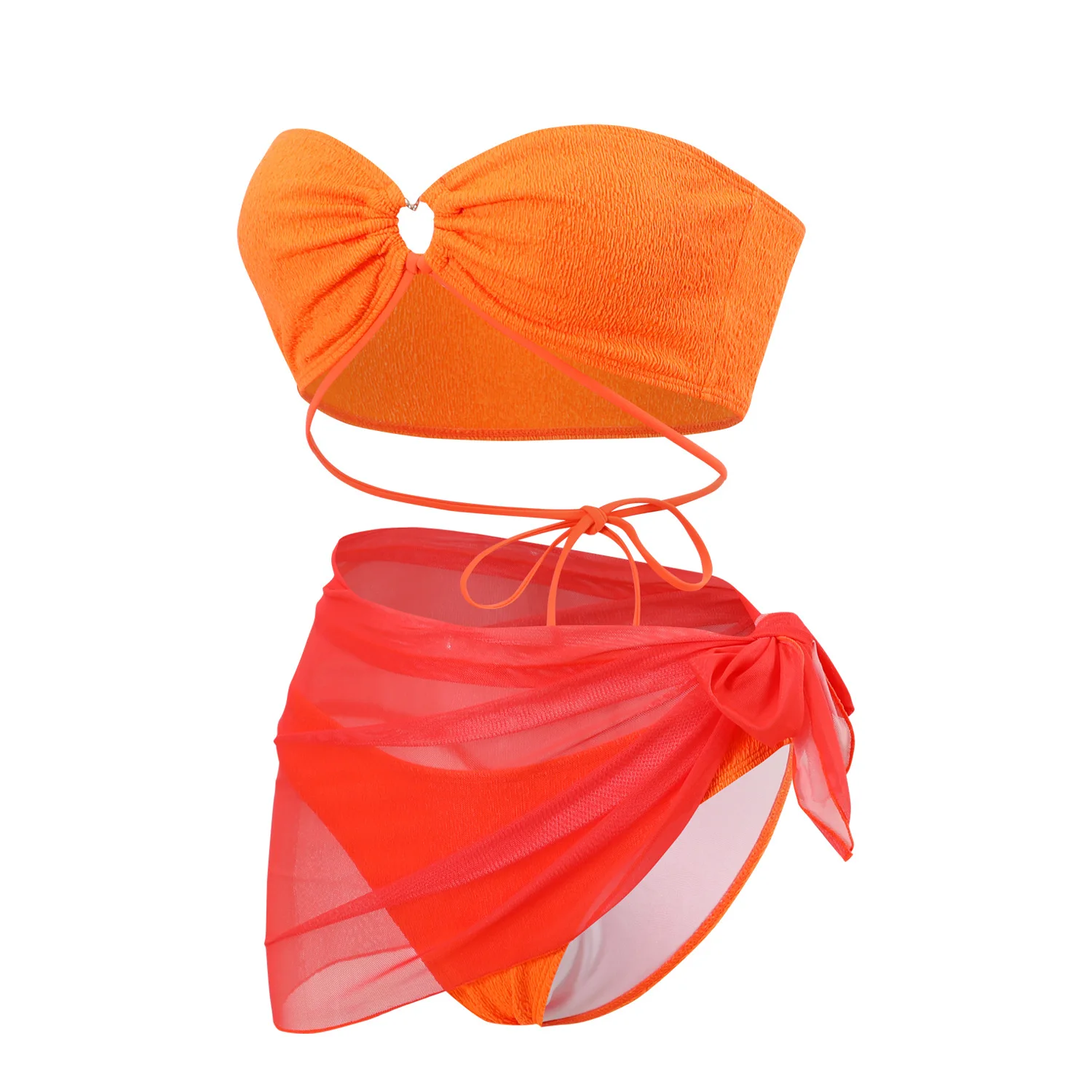 Bikini-Set für Damen, Orange, Bandeau, Schleife, Netzstoff, Überzug, 3-teilig, 2025, Sommer, sexy Strand-Badeanzug