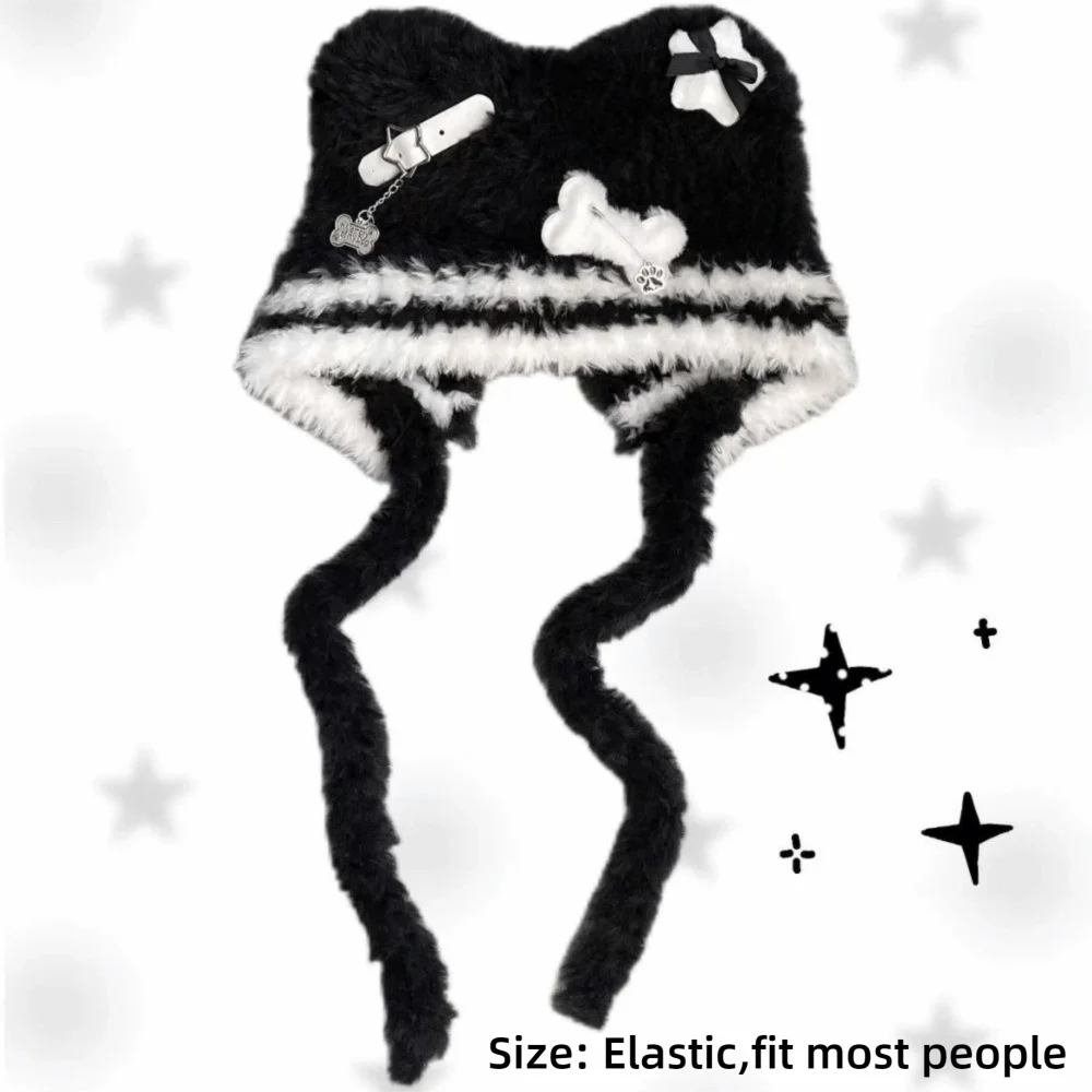 Cappello Harajuku gotico soffice e carino Cappello punk Lolita lavorato a maglia Cappello a cuffia stile Y2K con stella a croce in osso