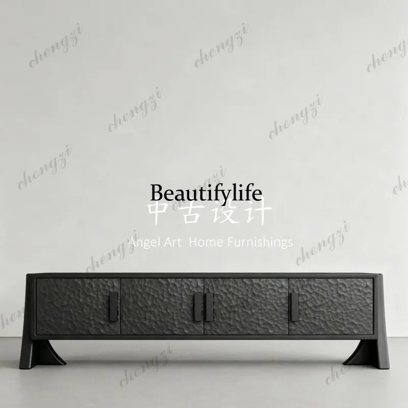 Medieval designer household hammer pattern solid wood storage TV cabinet black high-end edge cabinet