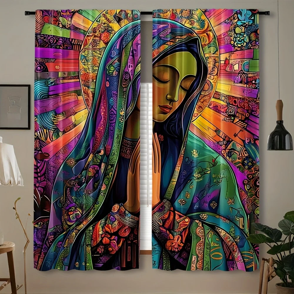 Colorful Virgin Mary Curtains, Psychedelic Religious Art Print Drapes for Living Room, Boho Spiritual Window Treatment Decor