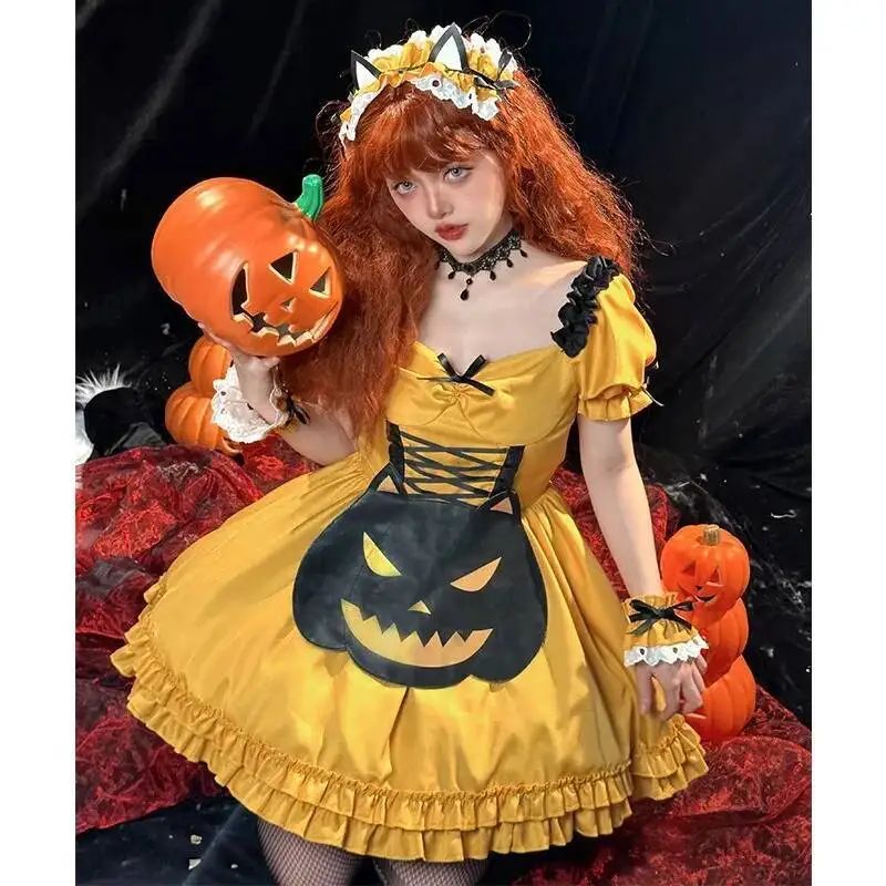 

New Halloween Pumpkin Color Maid Costume Cosplay Costume Magic Witch Pumpkin Lolita Skirt Suit Black Lolita Dress
