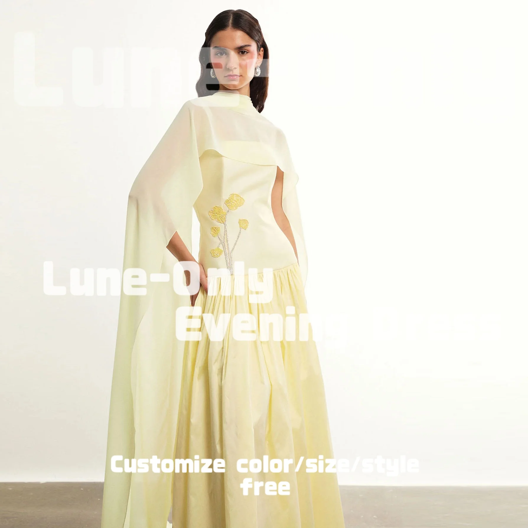 カスタマイズされた甘い黄色のビーズフラワー女性用イブニングドレス、ドレープロングスカーフ、エレガントなパーティーガウン、プロムフォーマルドレス