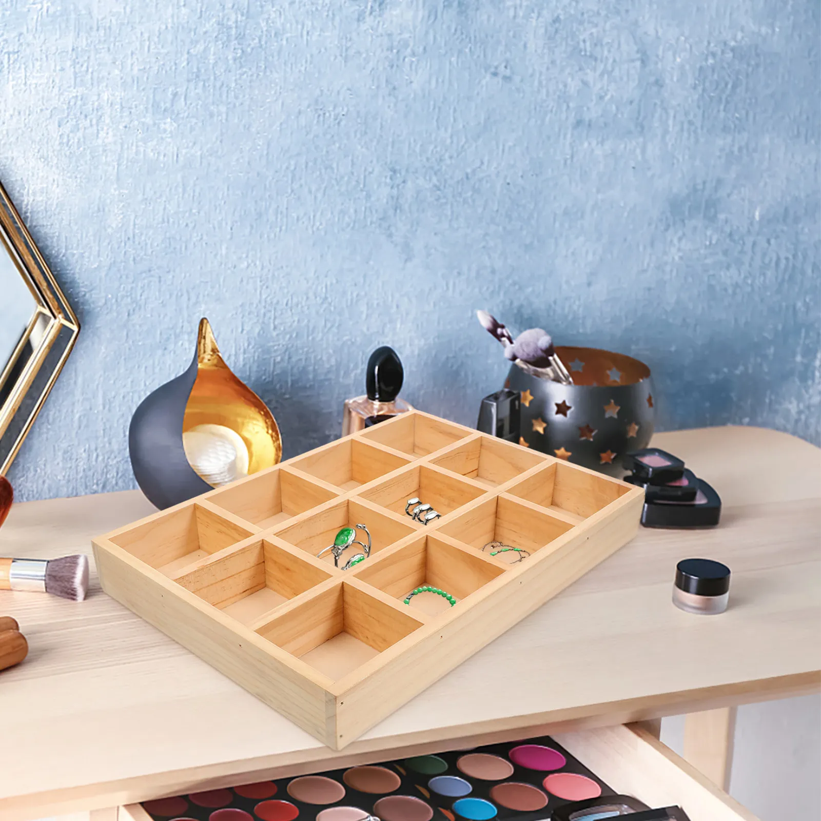 Wooden Jewelry Tray Simple Divided Jewelry Storage Organizer Rings Bracelets Display Plate Tray Grid Storage Box