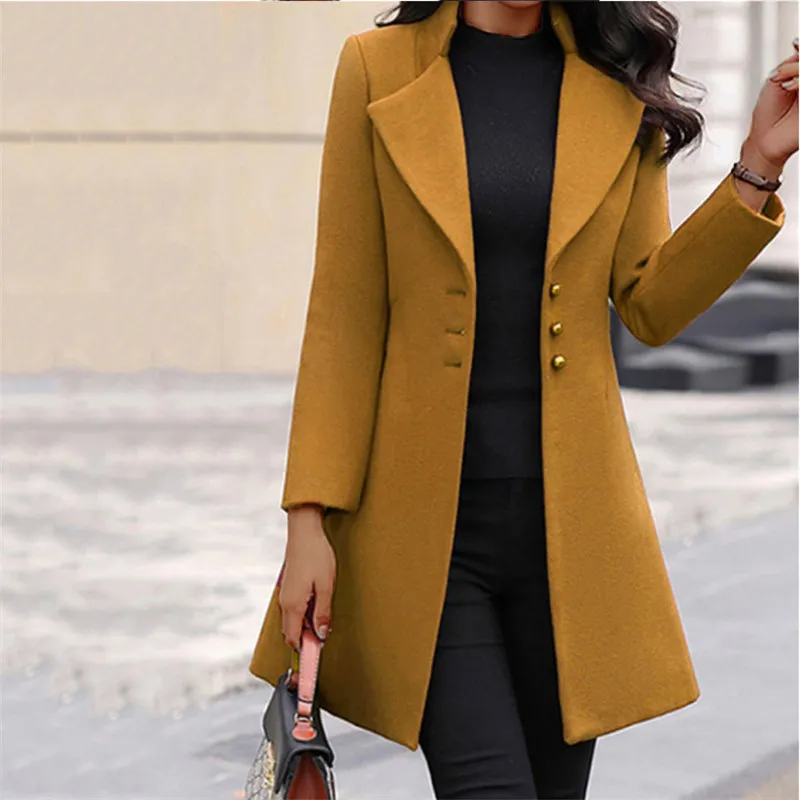 2022 Autumn Winter New Woolen Coat Women Yellow Black Stand Collar Single-breasted Outer Wear Korean Style Slim Jacket