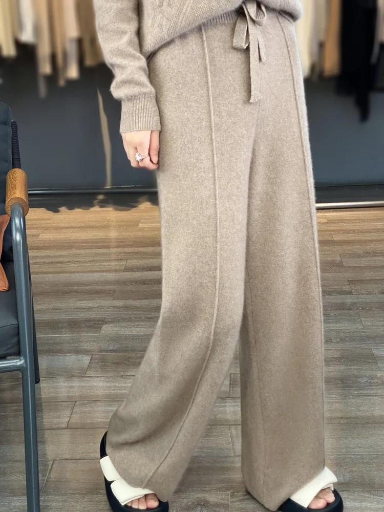 Autumn Winter Warm Soft Casual Solid Women's Wide-Leg Pants Elegant Elastic Waistband 100% Merino Wool Knitted Bottoms