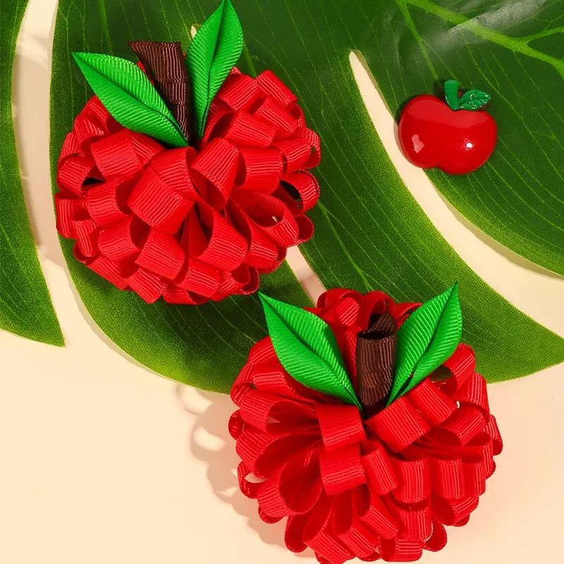 ncmama Back To School Red apple Hairpin Cute Ribbon Flower Hair Clip for Baby Girl Handmade Barrettes Headwear Hair Accessories