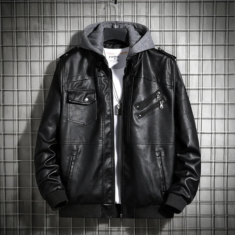 Hooded Jacket For Men, Winter Large Size European And American Style Coat, Youth Outerwear, Men's Motorcycle Leather Coat