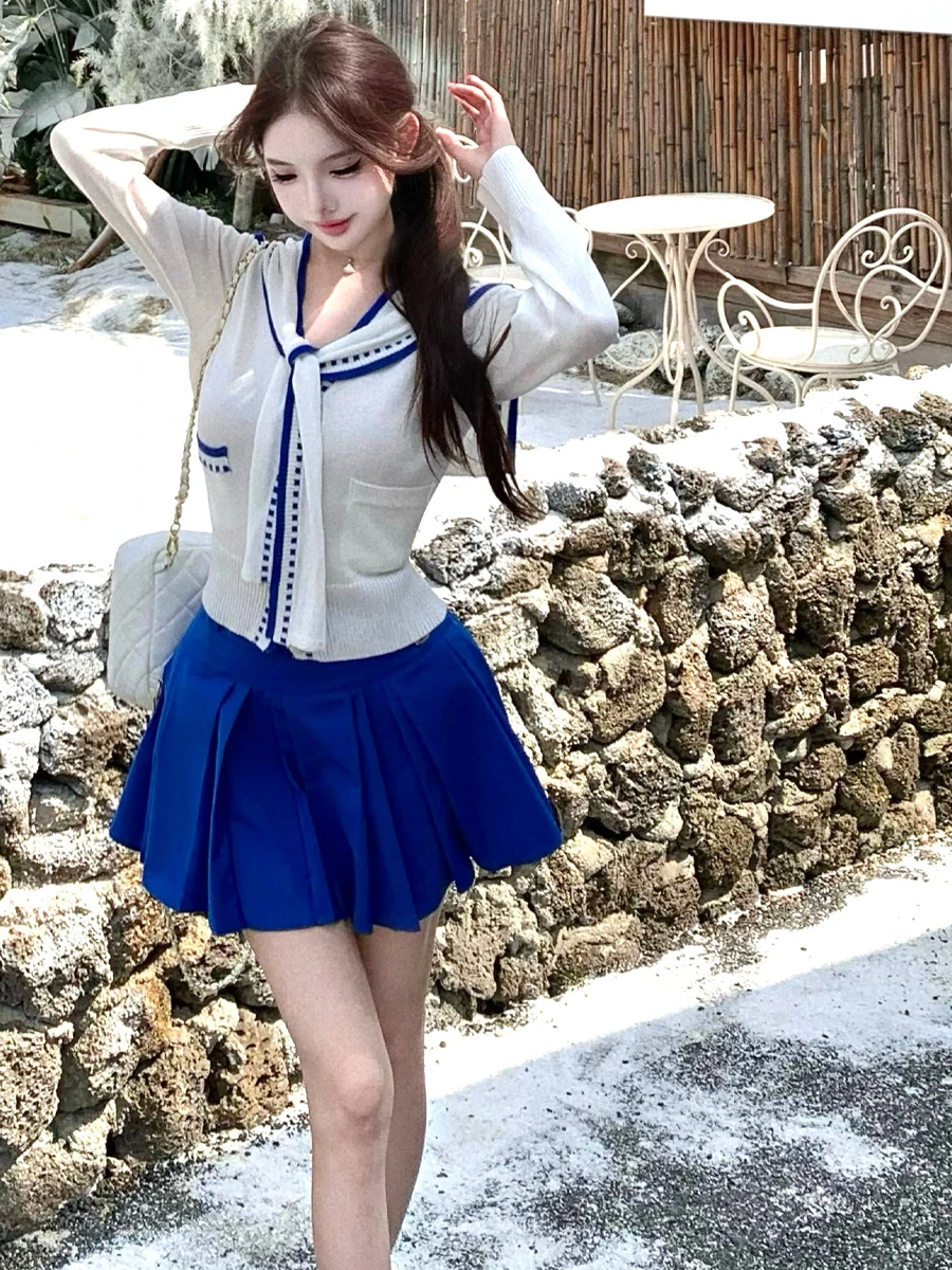 Korean College Style Navy Collar Fake Two-Piece Shoulder Shawl Patchwork Knitted Top Klein Blue High Waist Pleated Skirt Set