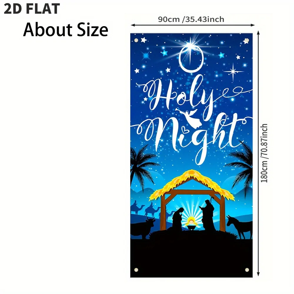 غطاء باب الليل المقدس لعيد الميلاد - لافتة مشهد المهد باللون الأزرق الداكن لمستلزمات حفلات عيد الميلاد مادة البوليستر مع طباعة واضحة