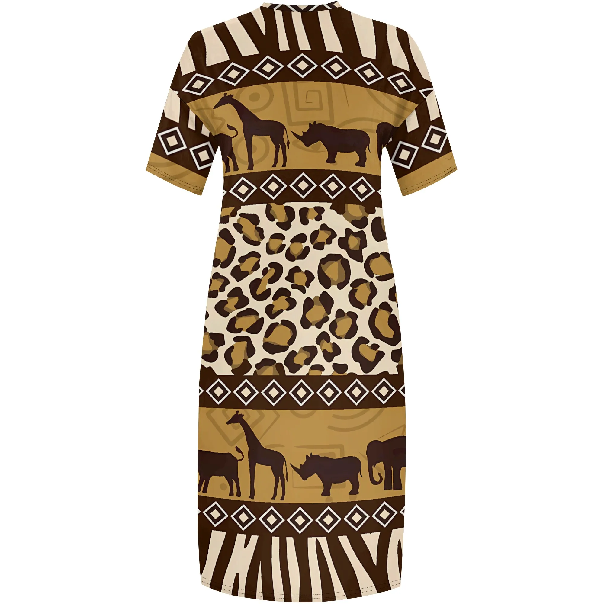 Nupusa 사파리 동물 프린트 드레스 여성용 플러스 사이즈 여름 캐주얼 V 넥 짧은 소매 맥시 드레스 (포켓 포함)