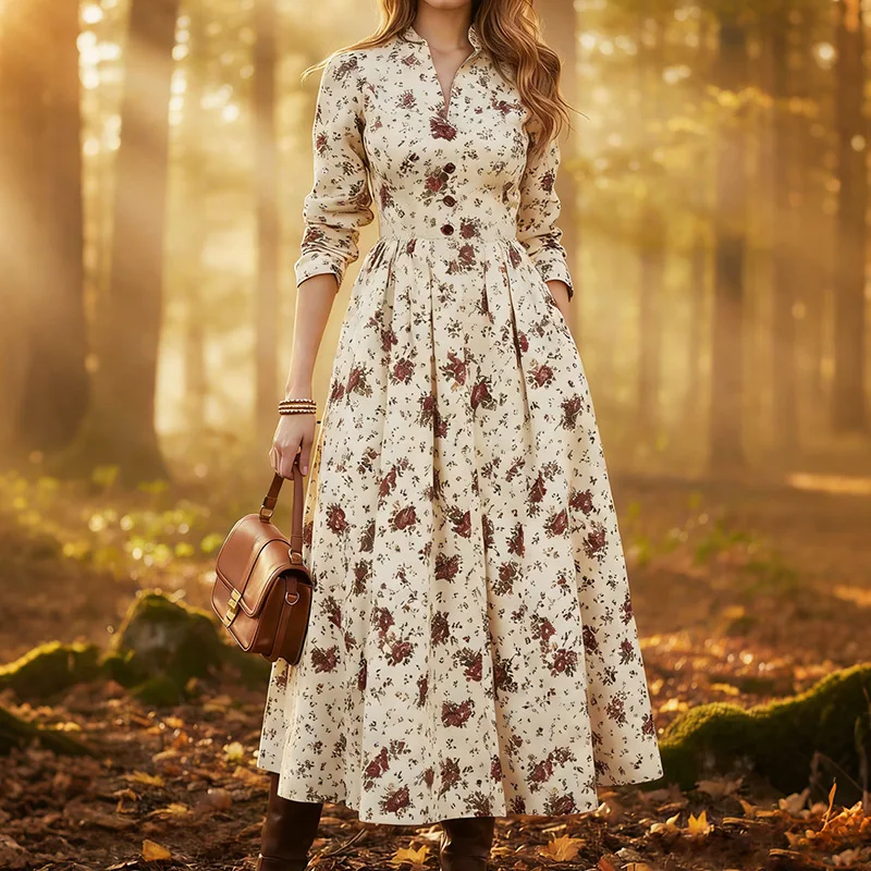 

Women Dresses Print Dress Button Turn Down Collar Long Sleeves Ankle Length Cinched Empire Waist Loose Y2k Office 2026 Spring