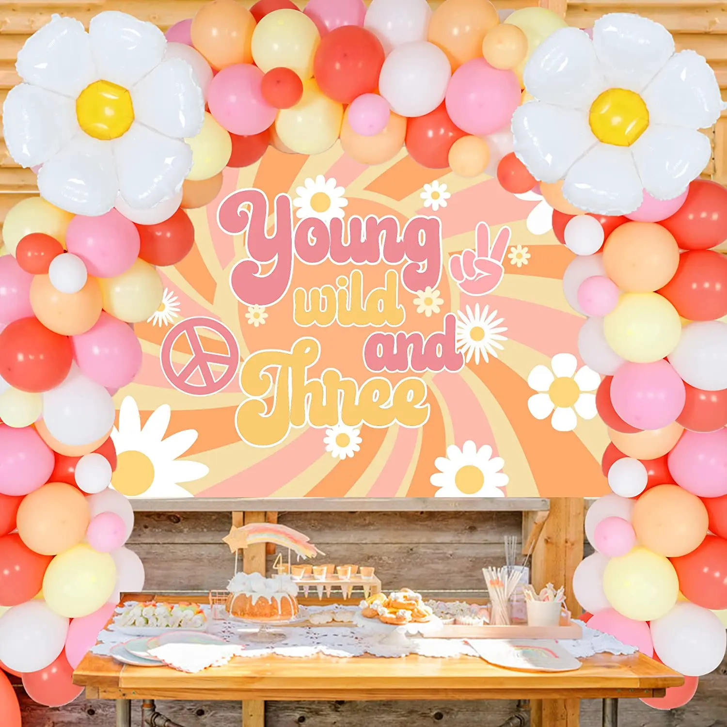 

Groovy 3rd Birthday Party Decorations Young Wild and Three Backdrop Retro Hippie Boho Daisy Flower 3rd Birthday Supplies