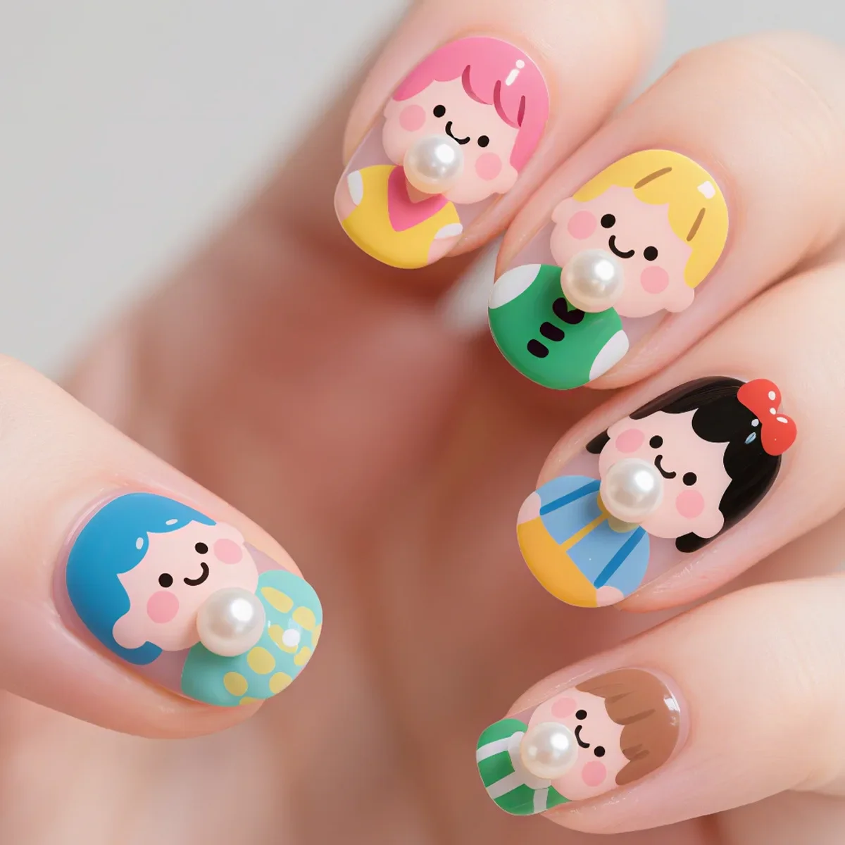 

24 cartoon glossy cute cartoon wearing armor pearls embellished with colorful dopamine cute short manicure