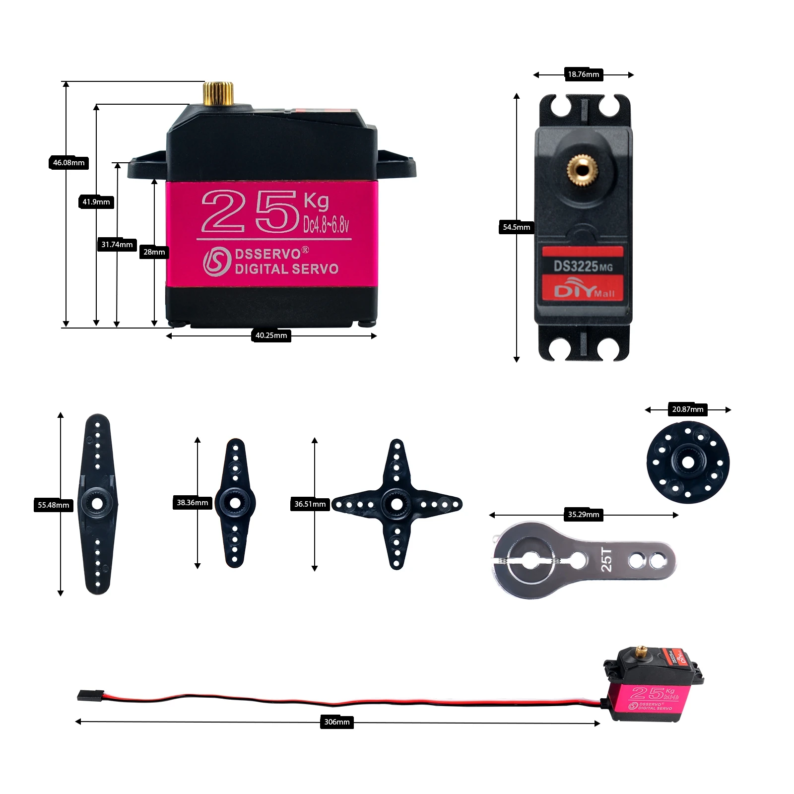 큰 토크 DS3225 디지털 서보, 270/180 도 모터 금속 기어, 전원 기능 DIY 부품, RC 자동차 보트 로봇 모델 완구, 25kg