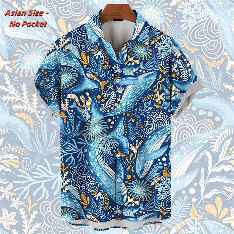 Whales Sharks Pattern Hawaiian Shirt For Men Marine Life 3D Printed Beach Shirts Oversized Unisex Short Sleeve Aloha Shirts