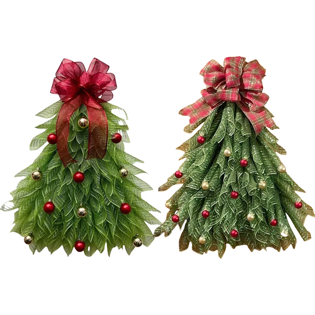 Handmade Christmas Tree Wreath with Bow & Ball Large Xmas Tree Flower Wreath Garland Warm Lights Door Decor for Front Door