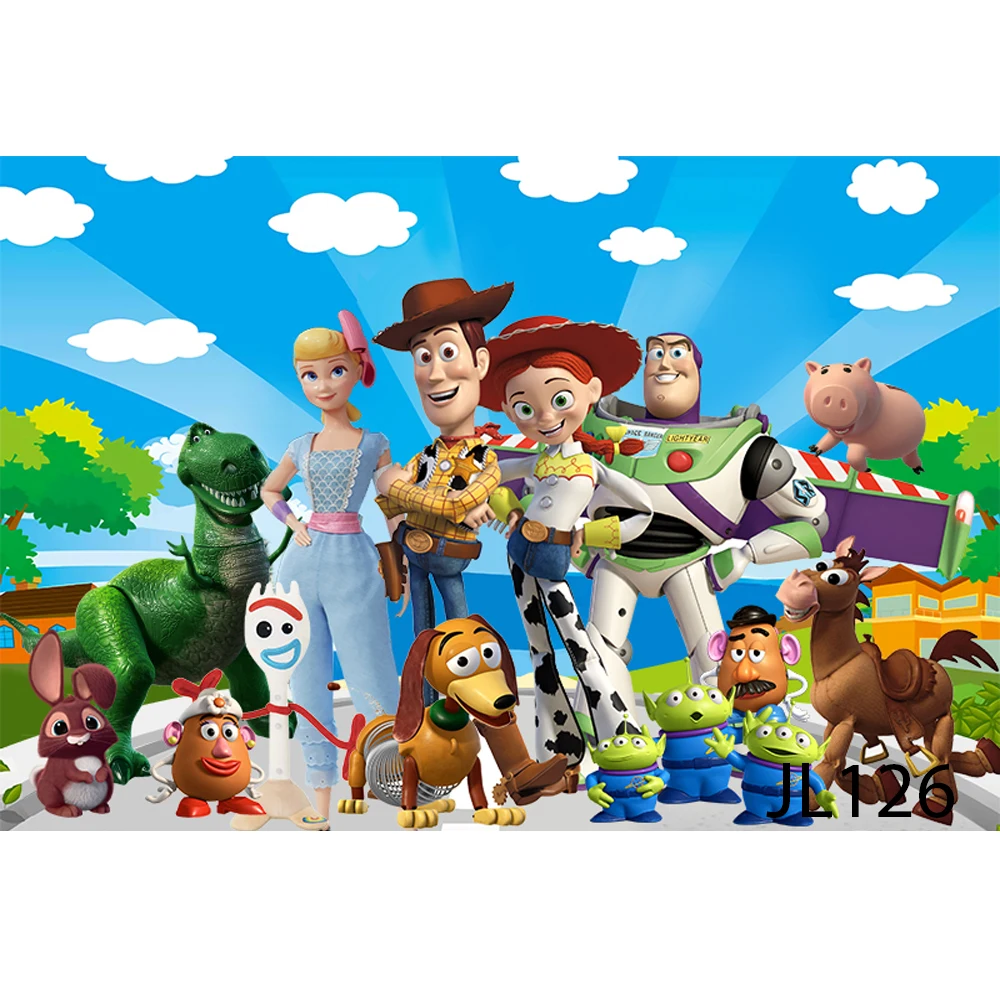 Fondo de fotografía para fiesta de cumpleaños con tema de Toy Story para niños, telón de fondo de dibujos animados de Woody Buzz Lightyear, estudio fotográfico