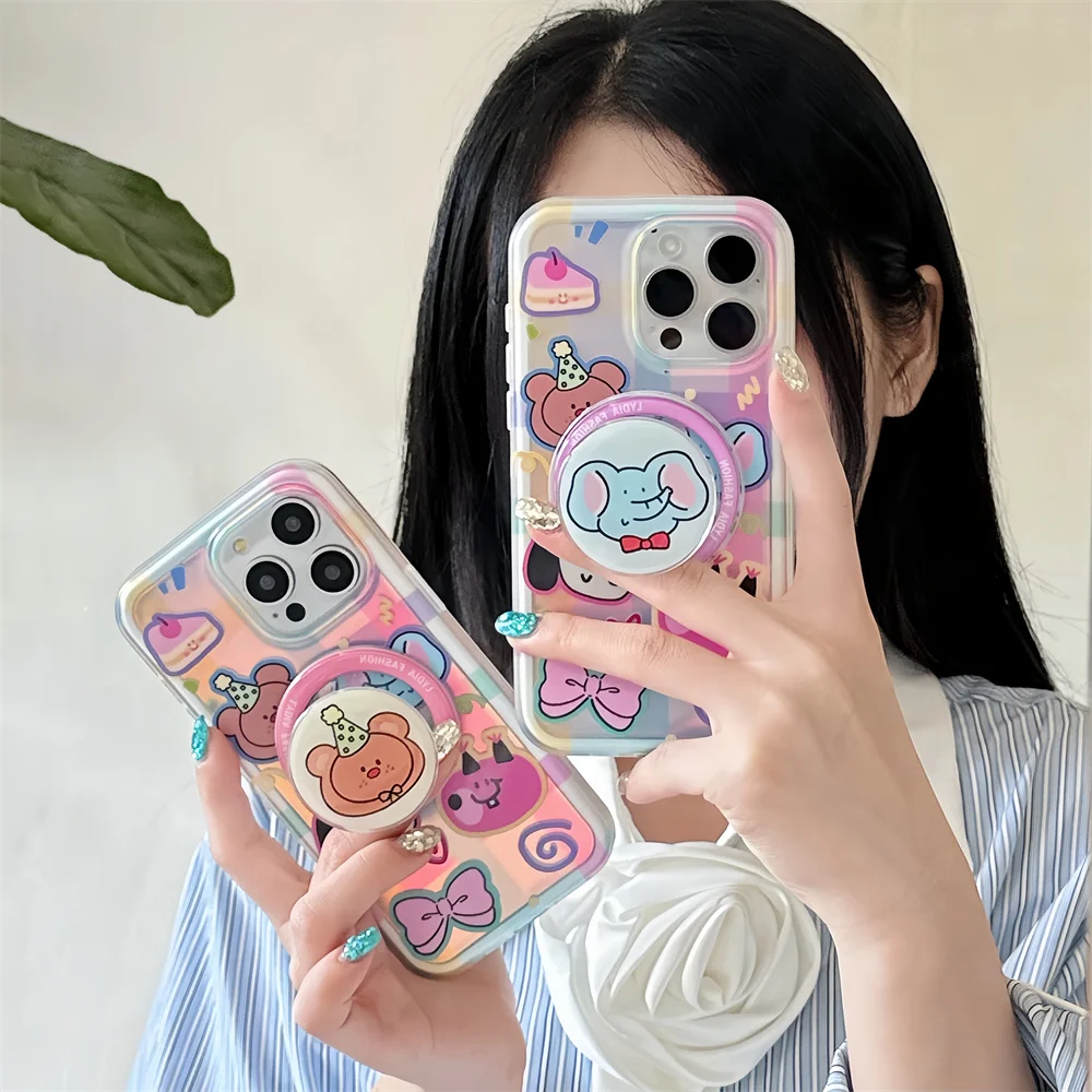 

Cartoon Zoo With Same Bracket Magnetic Phone Case For iPhone 17 16Pro 17 16 15 14 ProMax Phone Cover With Magsafe Holder Cases