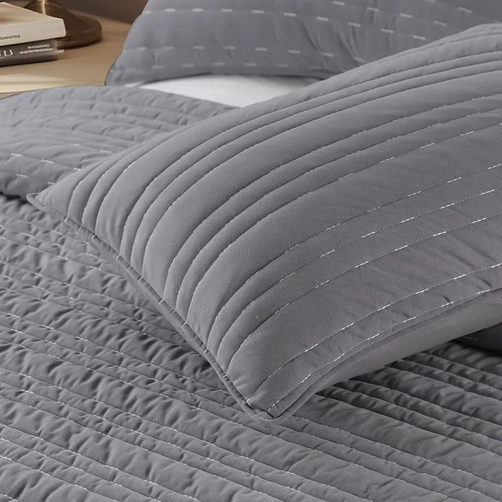 طقم لحاف مقاس XL مخملي رمادي فاخر، مفروشات فائقة النعومة مكونة من 3 قطع، غطاء خفيف الوزن، للاستخدام في جميع المواسم، مخيط أنيق، 2 شمس، أماه