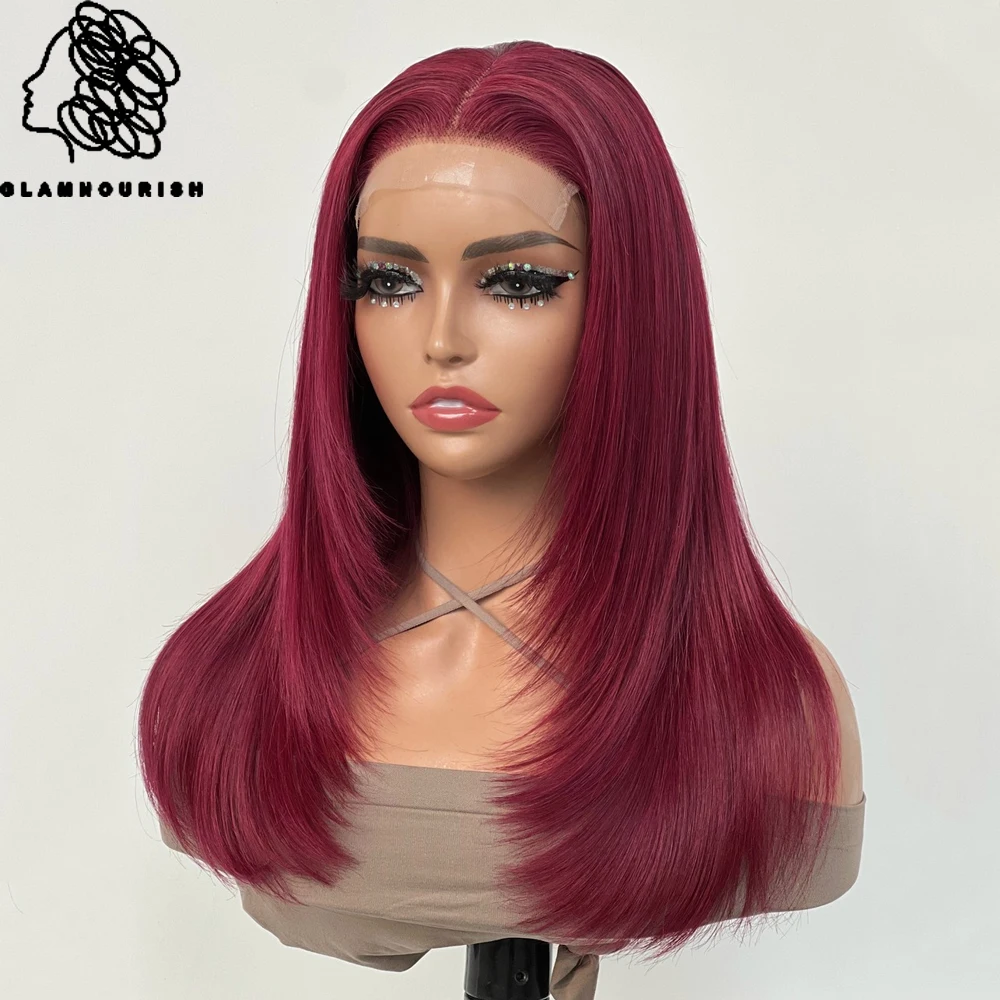 99J Straight Human Hair Wigs Burgundy Layered Cut Lace Front Wigs For Women Wig Brazilian 180% Density Hair Wig Pre-Plucked