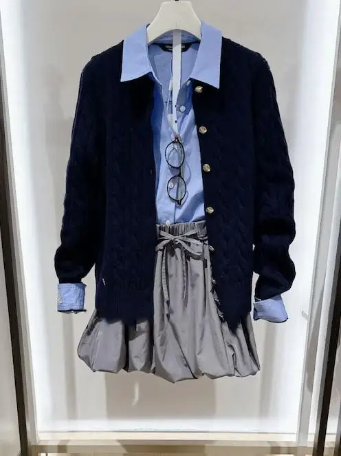 

Длинная вязаная юбка с синим воротником и вышивкой, женская юбка Ey Bud ort, корейская версия, смесь хлопка