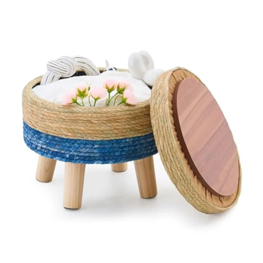 Storage Ottoman Poufs Handwoven Footstool Seagrass Round Footrest Stool with 4 Wood Legs Soft Padded Outdoor Seat for Hallway L