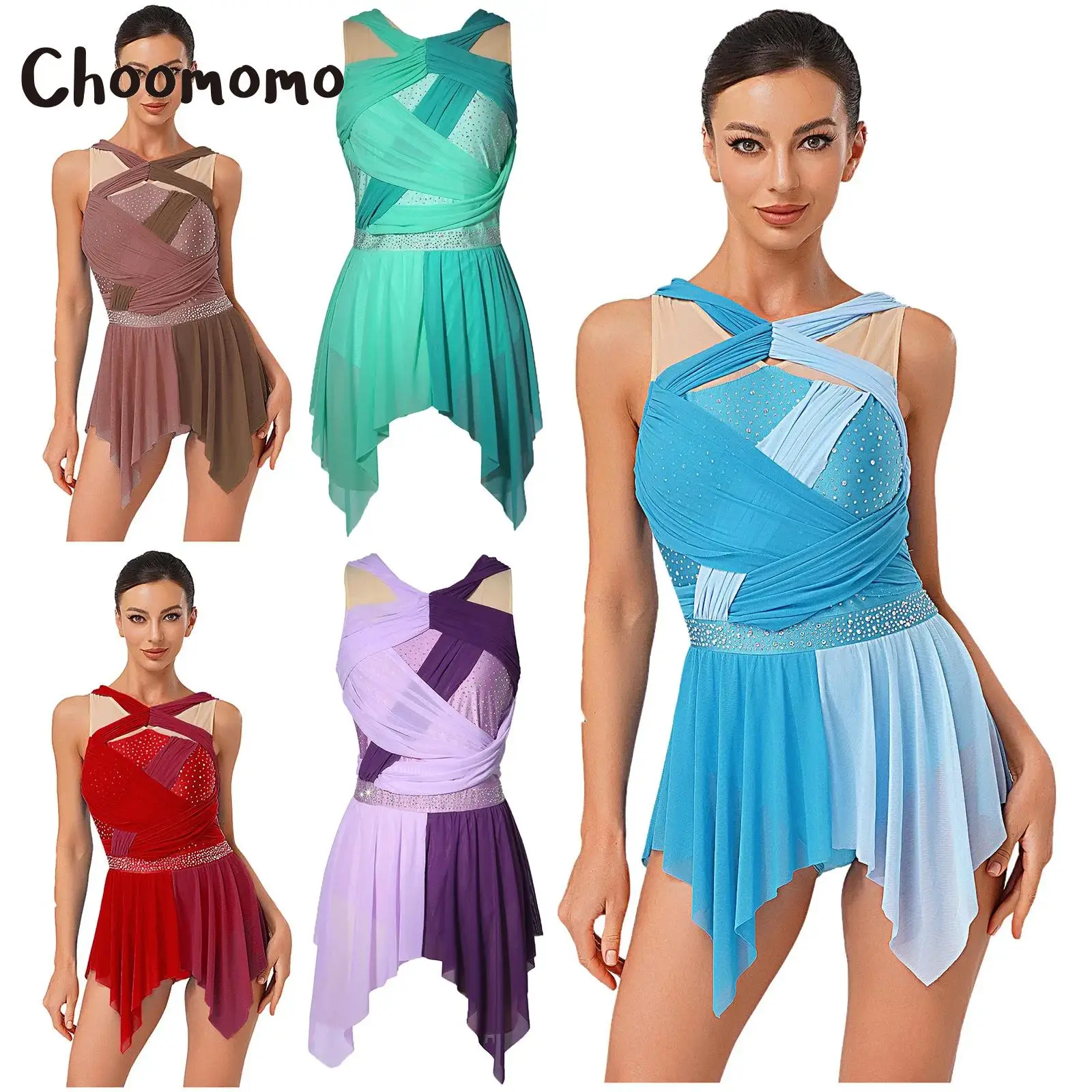 

Womens Rhinestone Lyrical Dance Dress Color Block Mesh Ruched Twisted Knot Irregular Hem Sleeveless Leotard Dress Dancewear